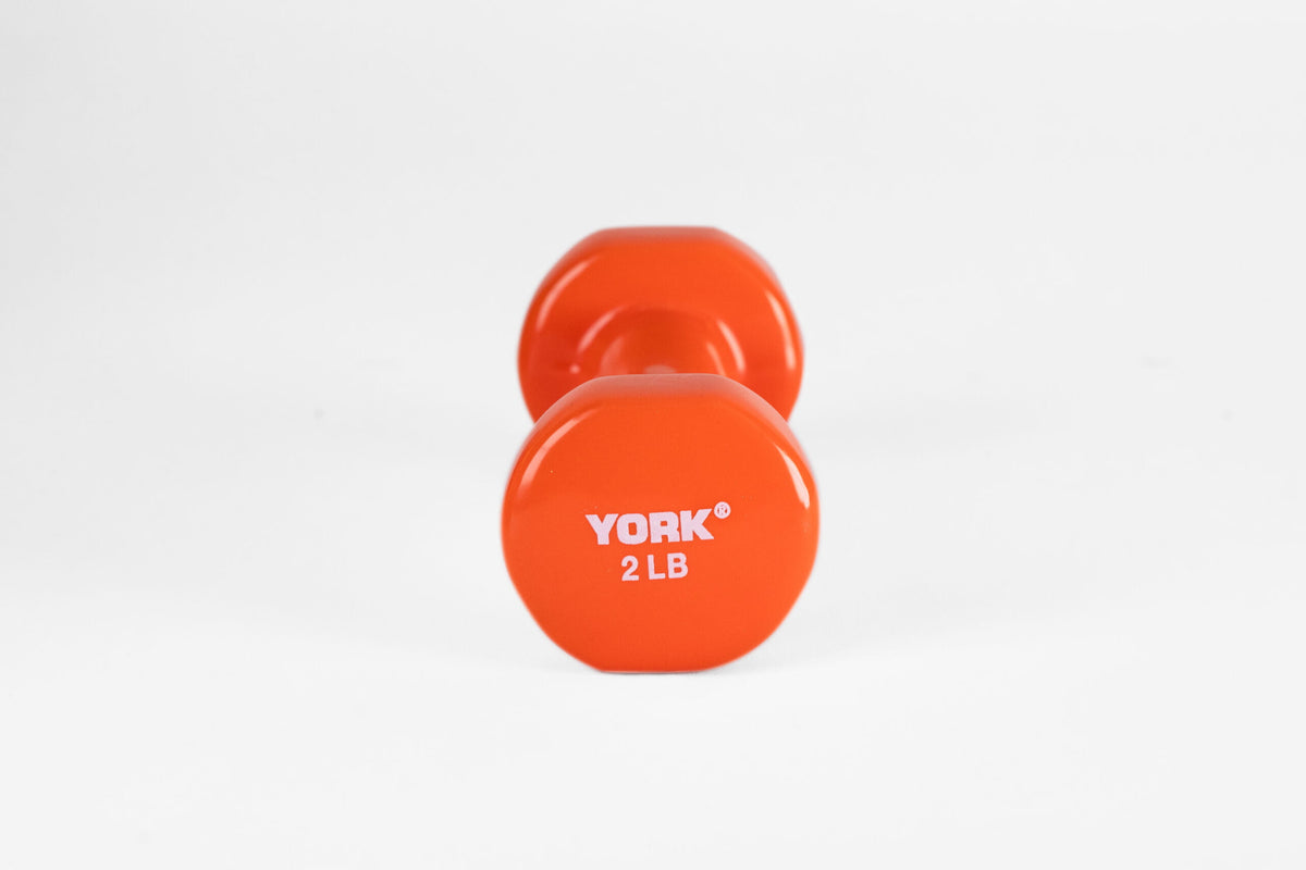 YORK 2 lb orange vinyl dumbbell - side view