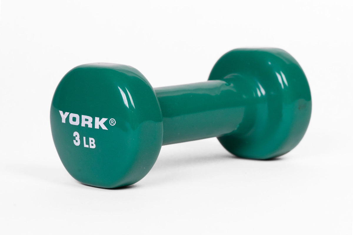 YORK 3 lb green vinyl dumbbell - angled view