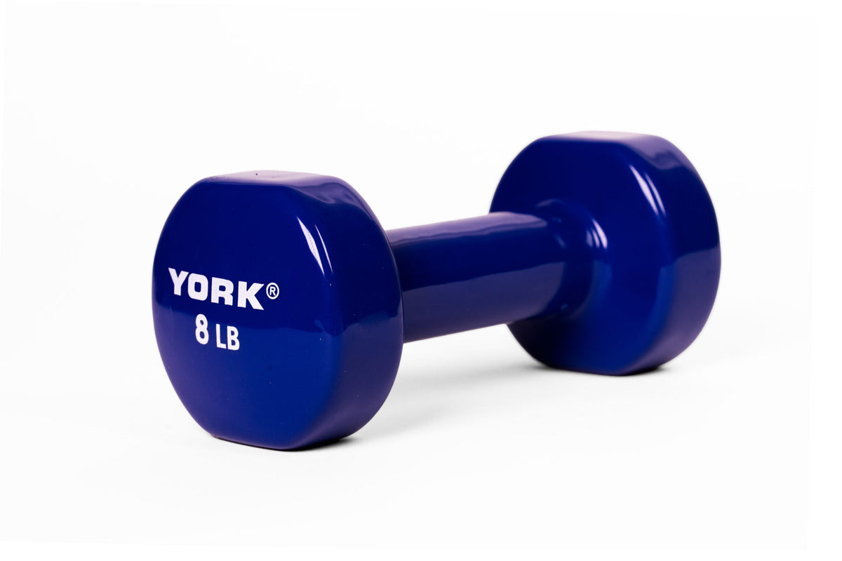 YORK 8 lb blue vinyl dumbbell - angled view