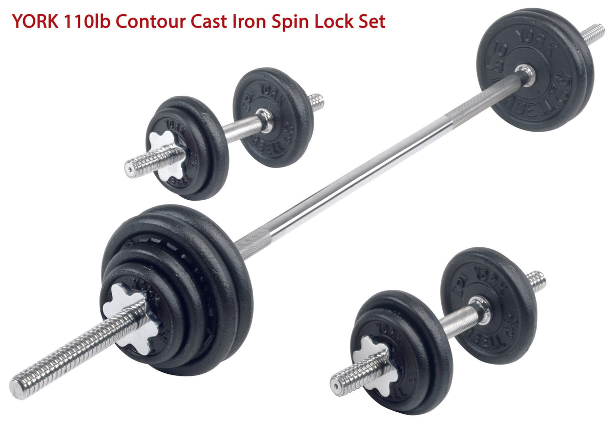 York Barbell Standard 1-Inch Cast Iron Dumbbell / Barbell Spinlock 110lb Set