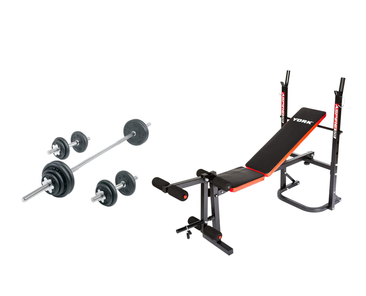 York Barbell Aspire Bench with Barbell/Dumbbell Set Bundles