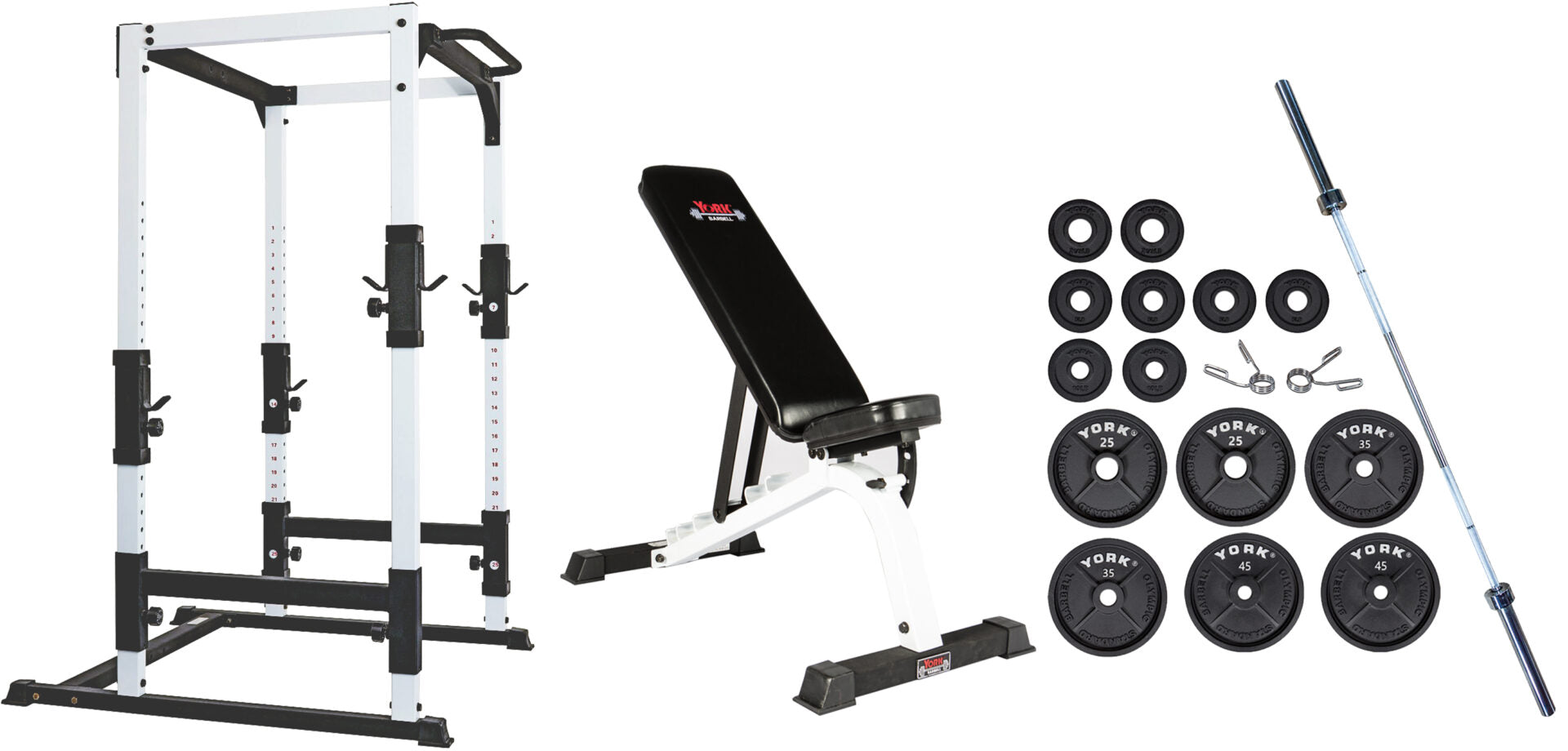 York Barbell FTS Power Cage with 255 LB Olympic Plate Set, 7ft Barbell, Spring Collars, and Utility Bench Press