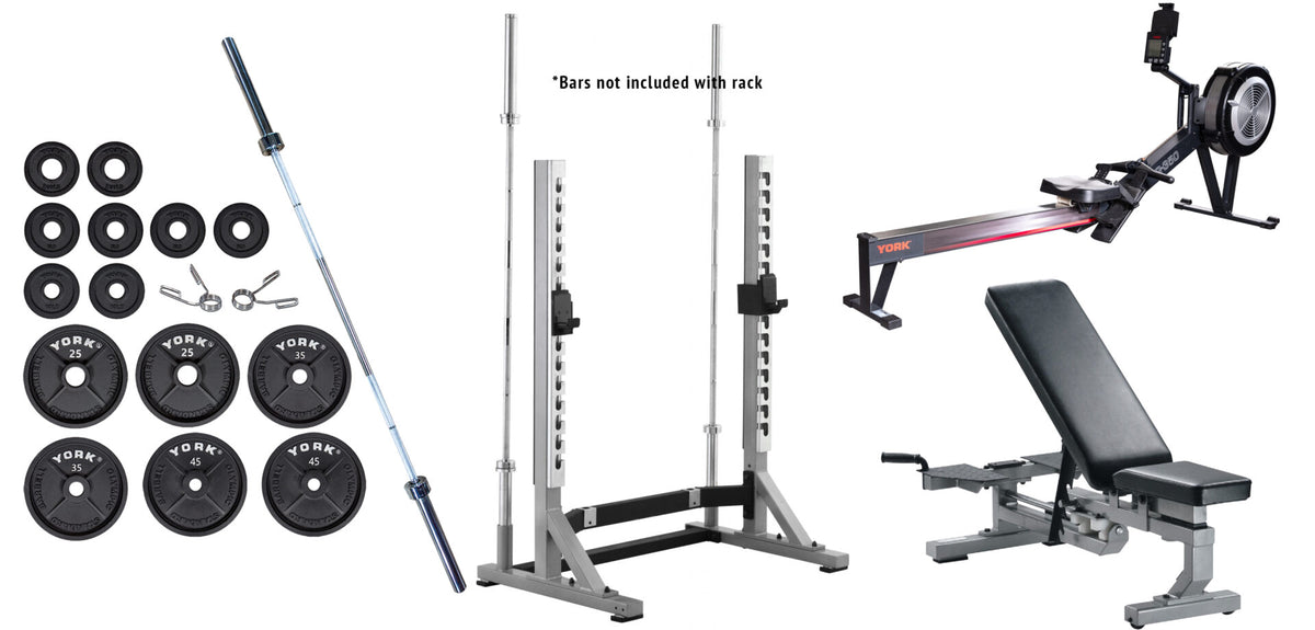 York Barbell 800 LB Weight Plates, Collegiate Rack, 7&#39; Barbell, Multi-Function Bench and Rower Bundle