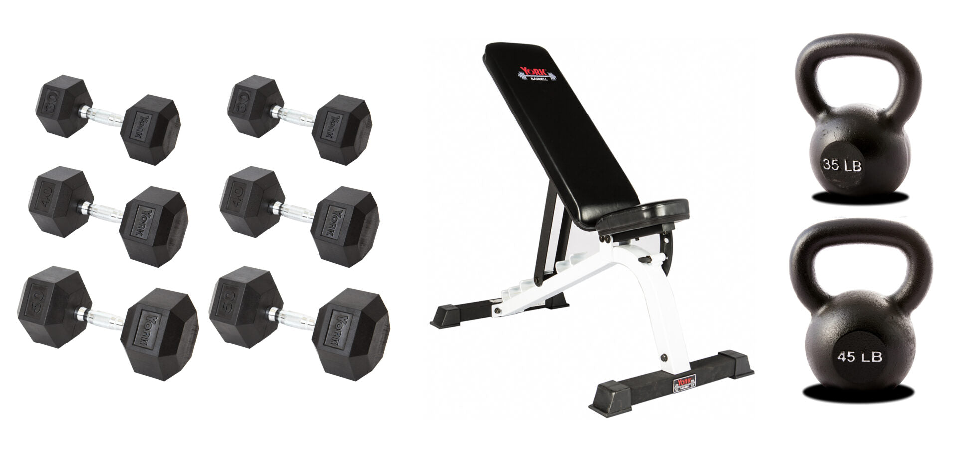 York Barbell 30, 40 & 50 LB 240-Pound Dumbbell Set with 35 LB & 45 LB Kettlebells & Flat to Incline Utility Bench