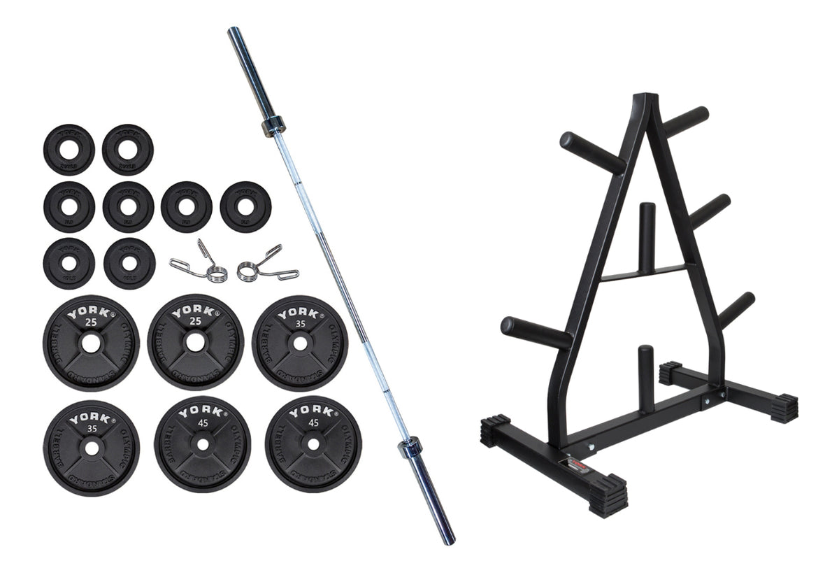 York Barbell 300 LB Olympic Weight Plate Set with 7ft Barbell and A-Frame Tree Rack