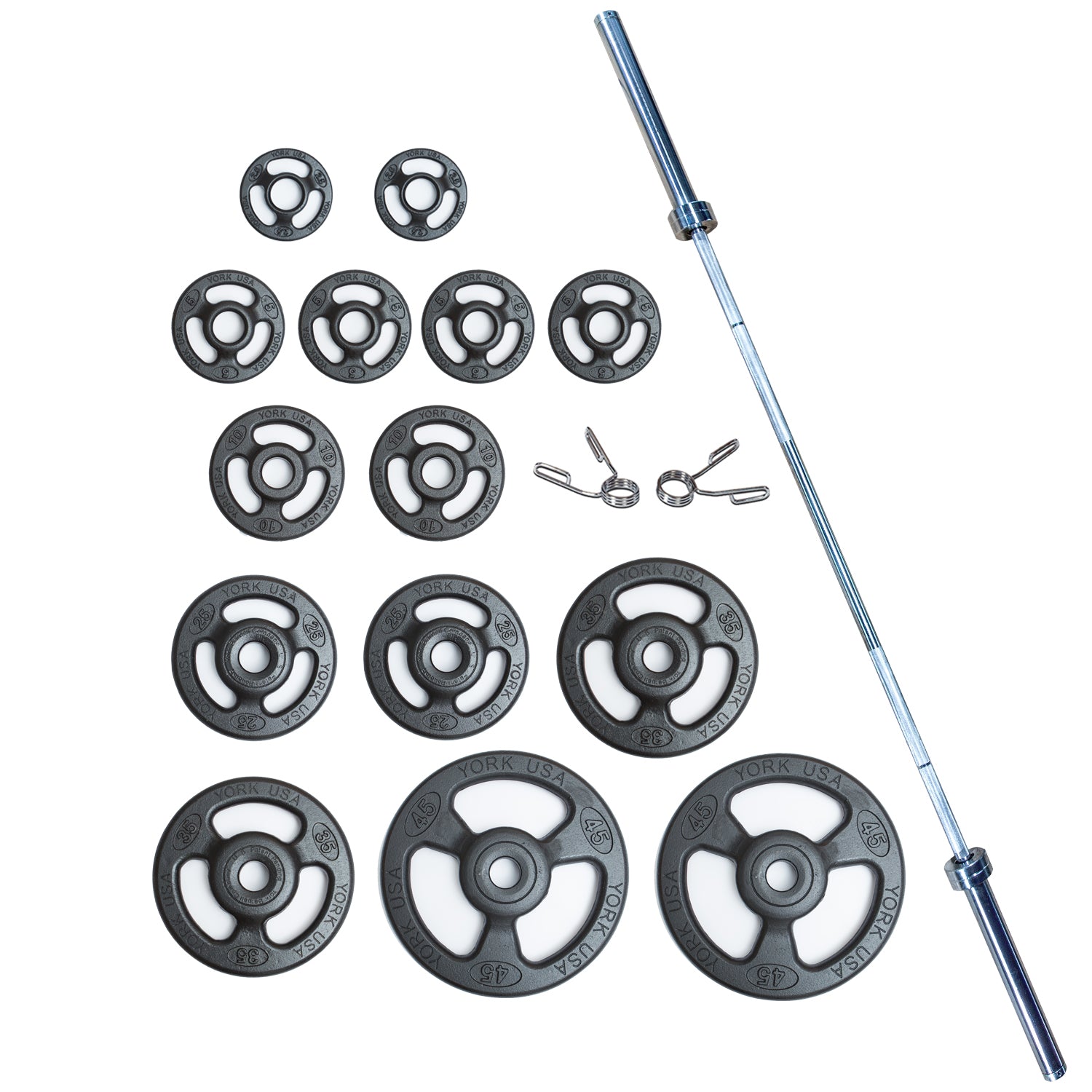 York Barbell 300 LB Iso Grip Steel Olympic Weight Plate Set