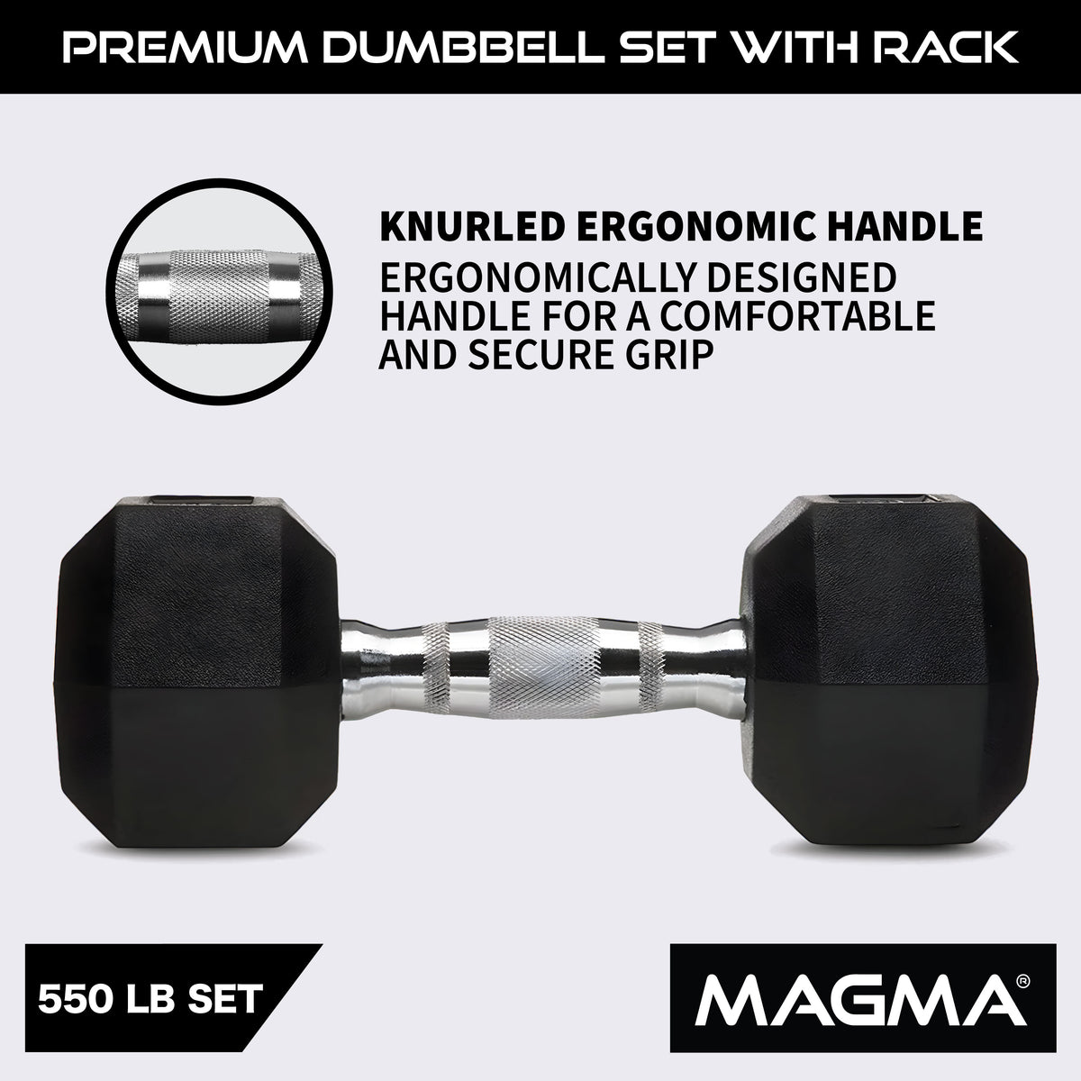 MAGMA 5-50 LB Rubber Hex Dumbbell Set with 3 Tier Rack
