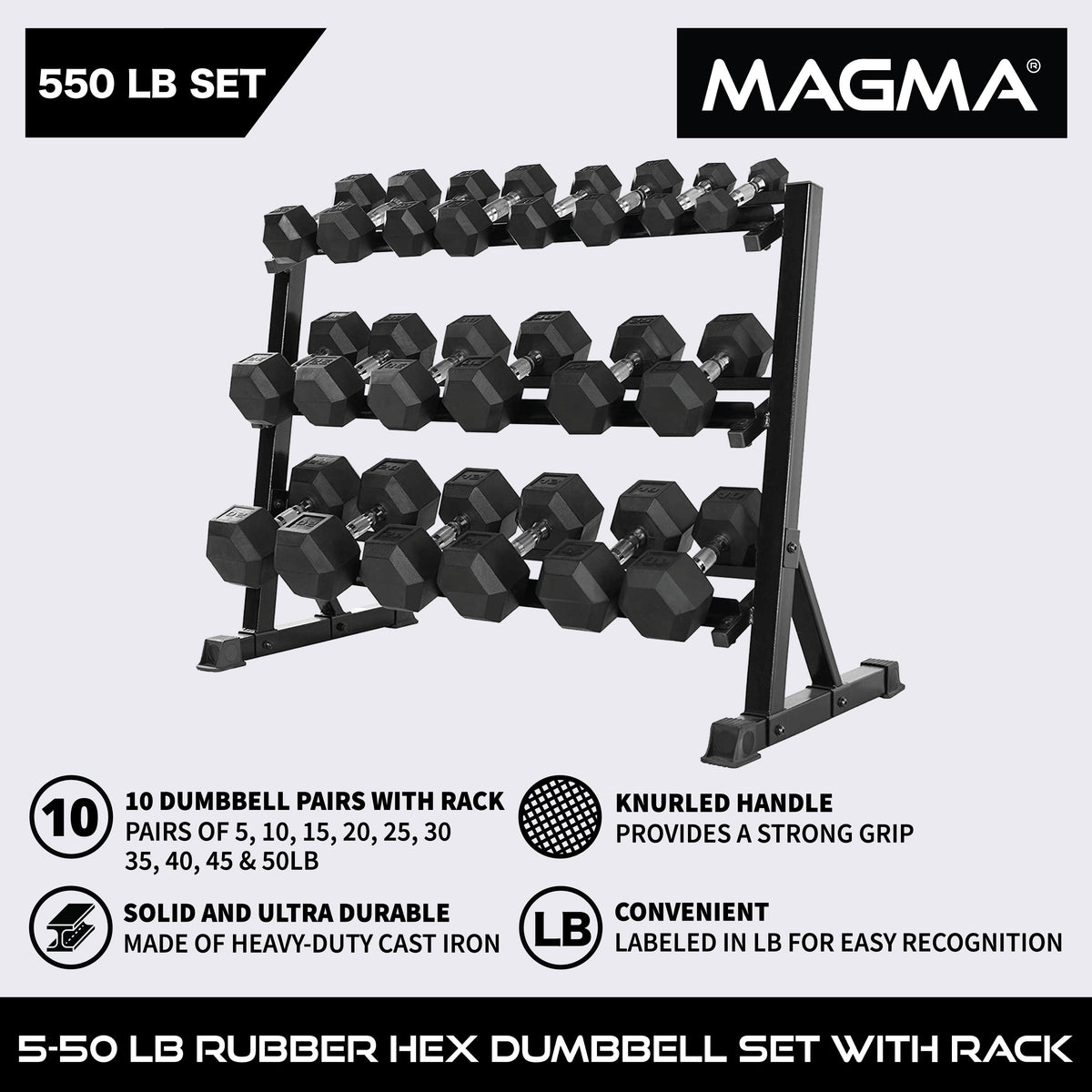 MAGMA 5-50 LB Rubber Hex Dumbbell Set with 3 Tier Rack