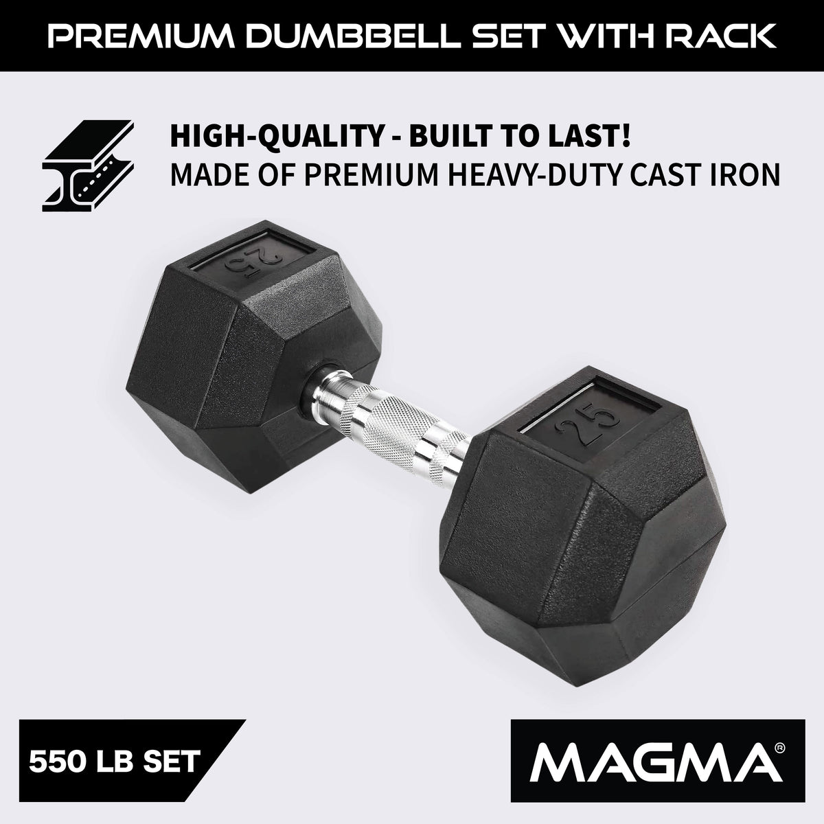 MAGMA 5-50 LB Rubber Hex Dumbbell Set with 3 Tier Rack
