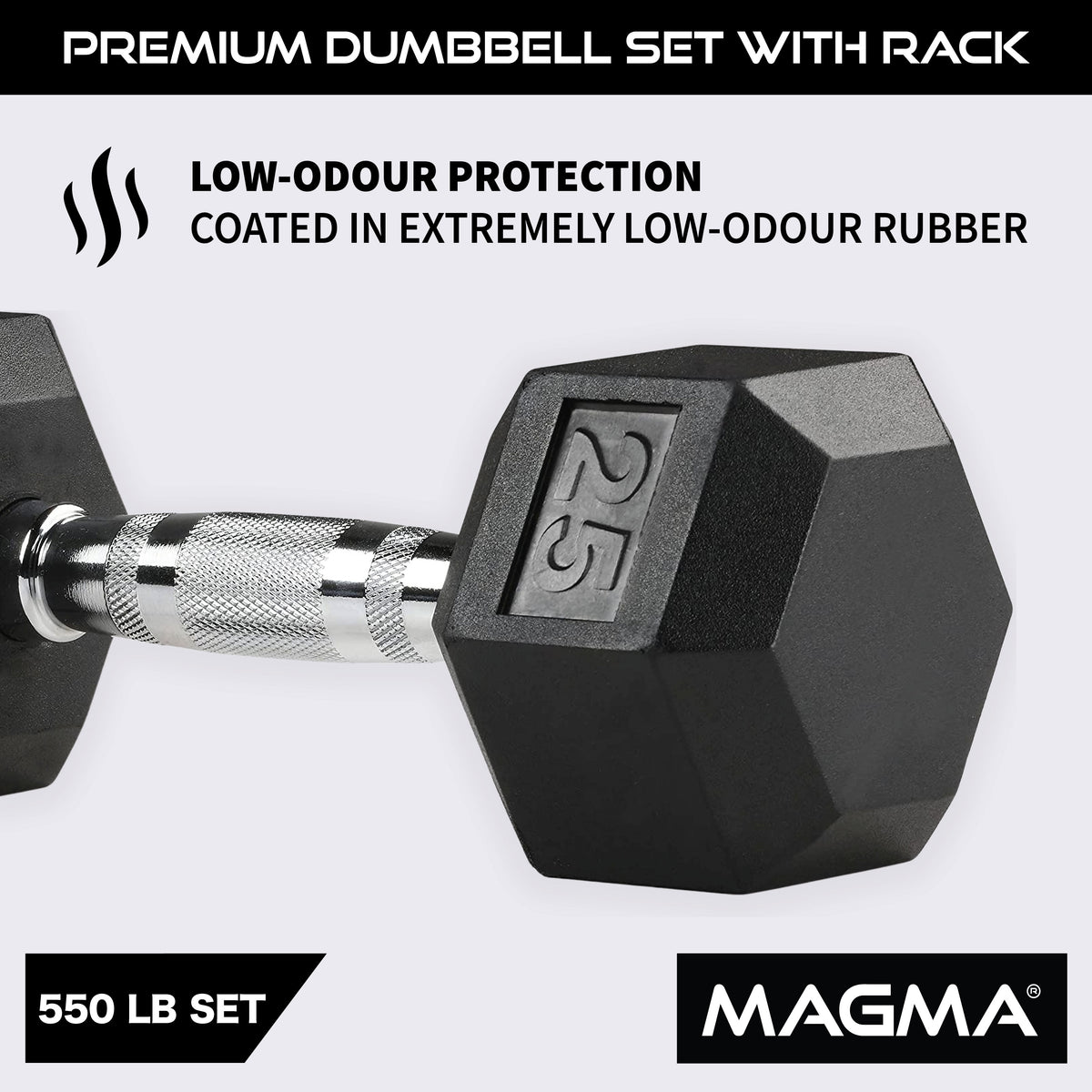 MAGMA 5-50 LB Rubber Hex Dumbbell Set with 3 Tier Rack