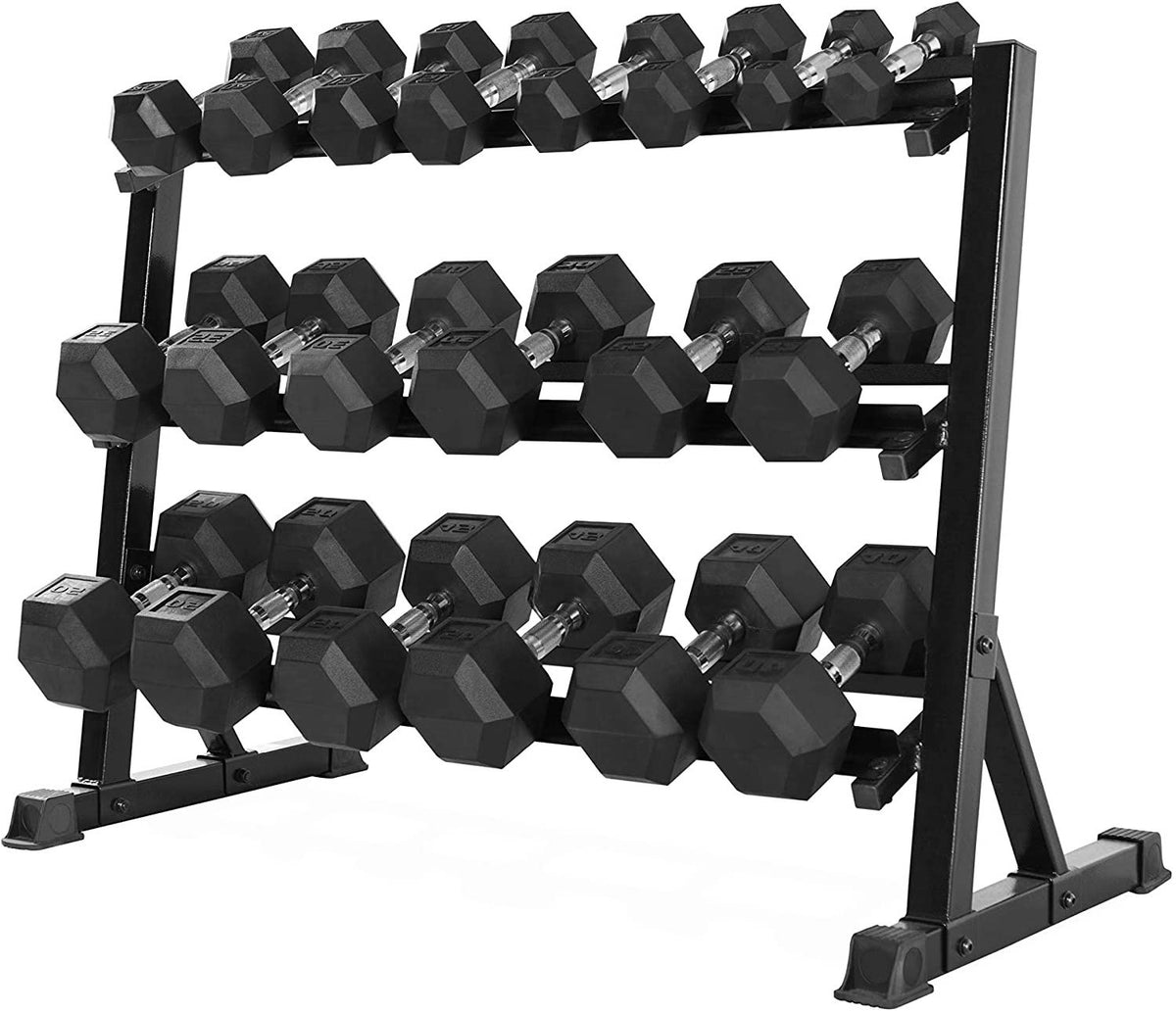 MAGMA 5-50 LB Rubber Hex Dumbbell Set with 3 Tier Rack