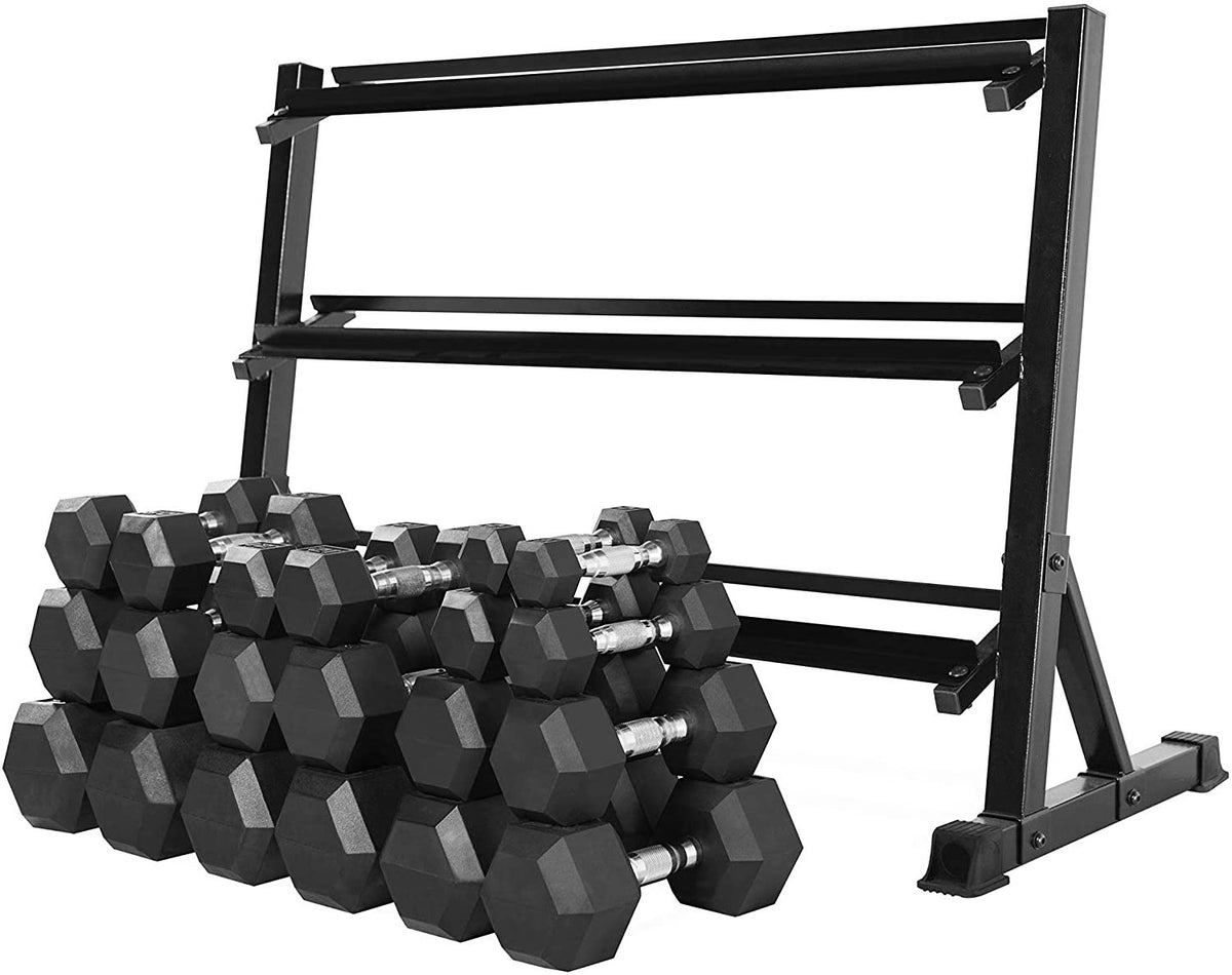 MAGMA 5-50 LB Rubber Hex Dumbbell Set with 3 Tier Rack