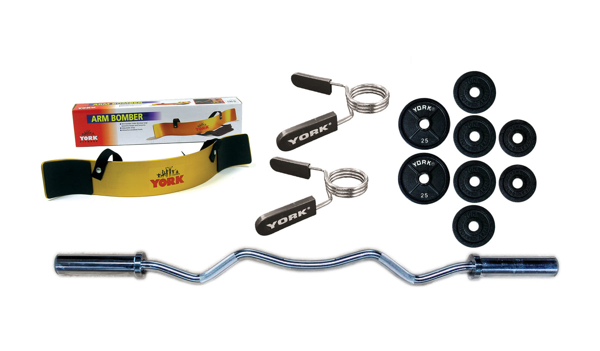 York Barbell 100 LB Barbell Set with Curl Bar, Collars and Arm Bomber