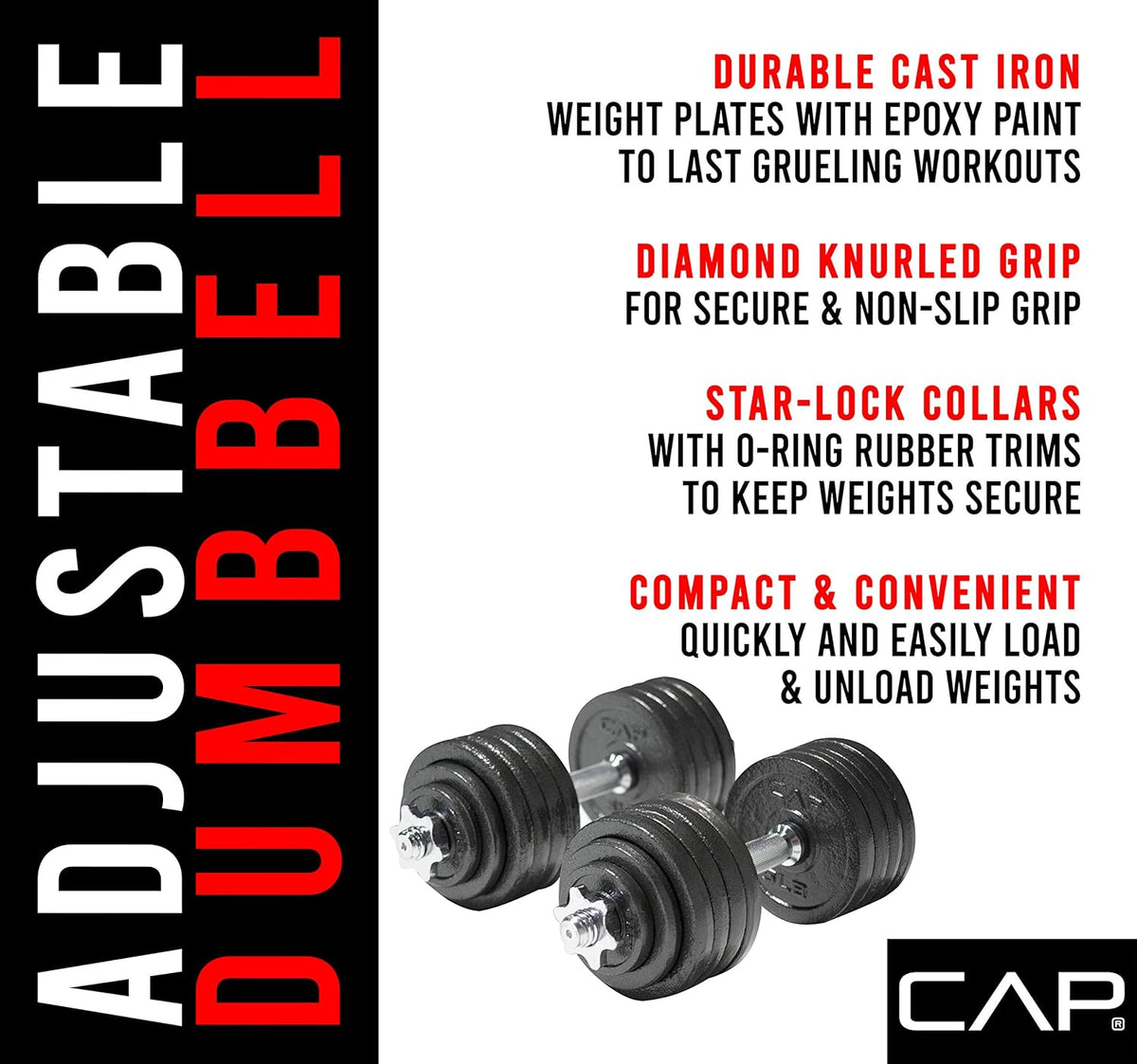 CAP Barbell Adjustable Dumbbell Weight Set, 105-lb
