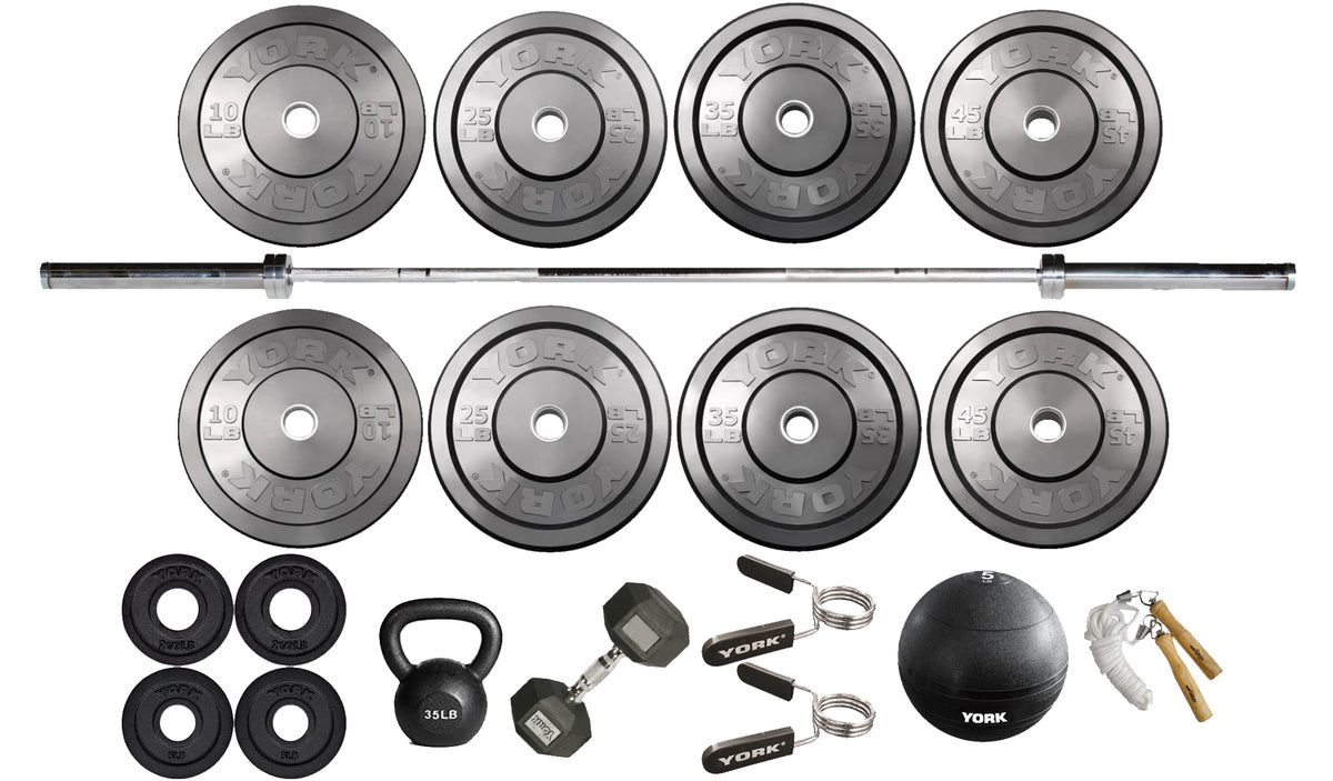 York Barbell Women&#39;s Training Bundle with 245 LB Bumper/Olympic Plate Set, Barbell, Slam Ball, Dumbbell, Kettlebell, Skip Rope and Spring Collars