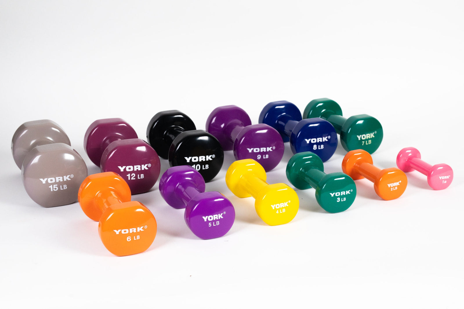 YORK vinyl dumbbells collection - angled view