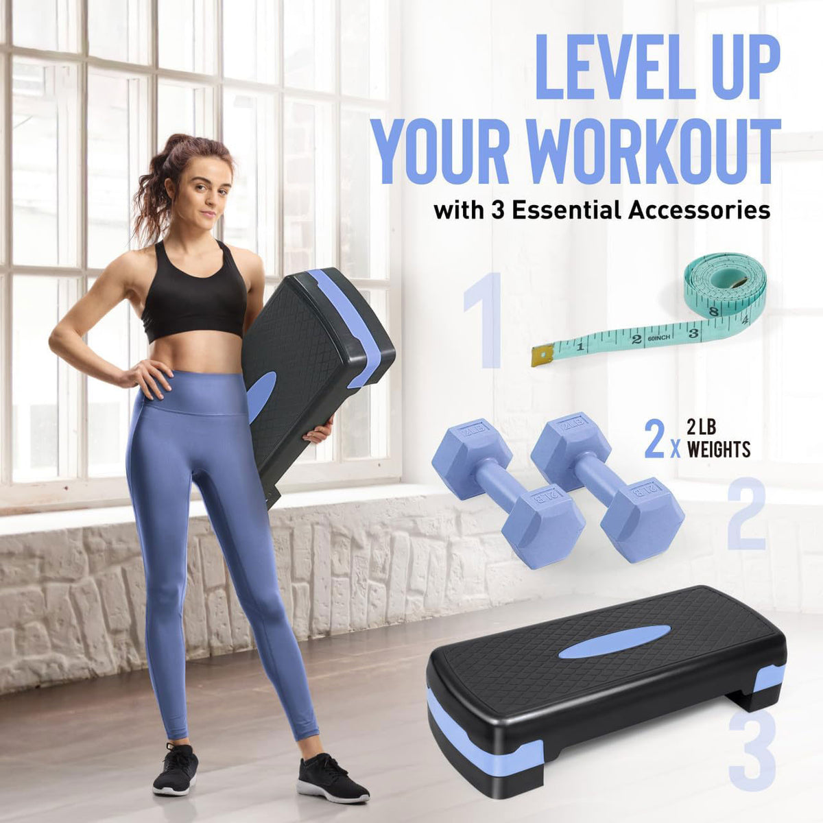 CAP Barbell Adjustable Aerobic Stepper Set with 2 Dumbbells &amp; Measuring Tape