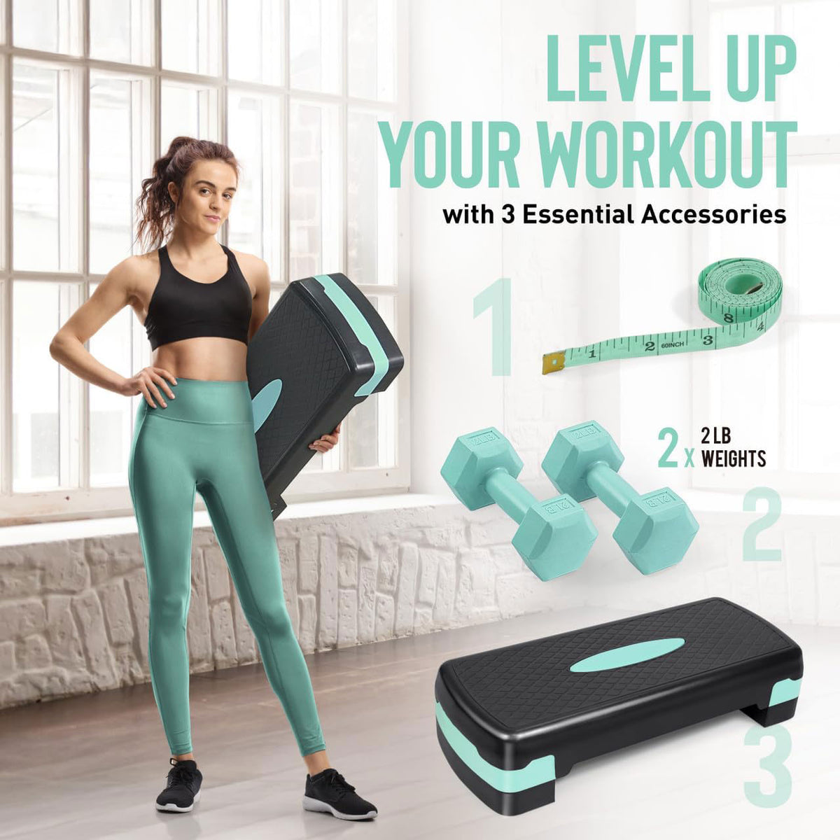 CAP Barbell Adjustable Aerobic Stepper Set with 2 Dumbbells &amp; Measuring Tape