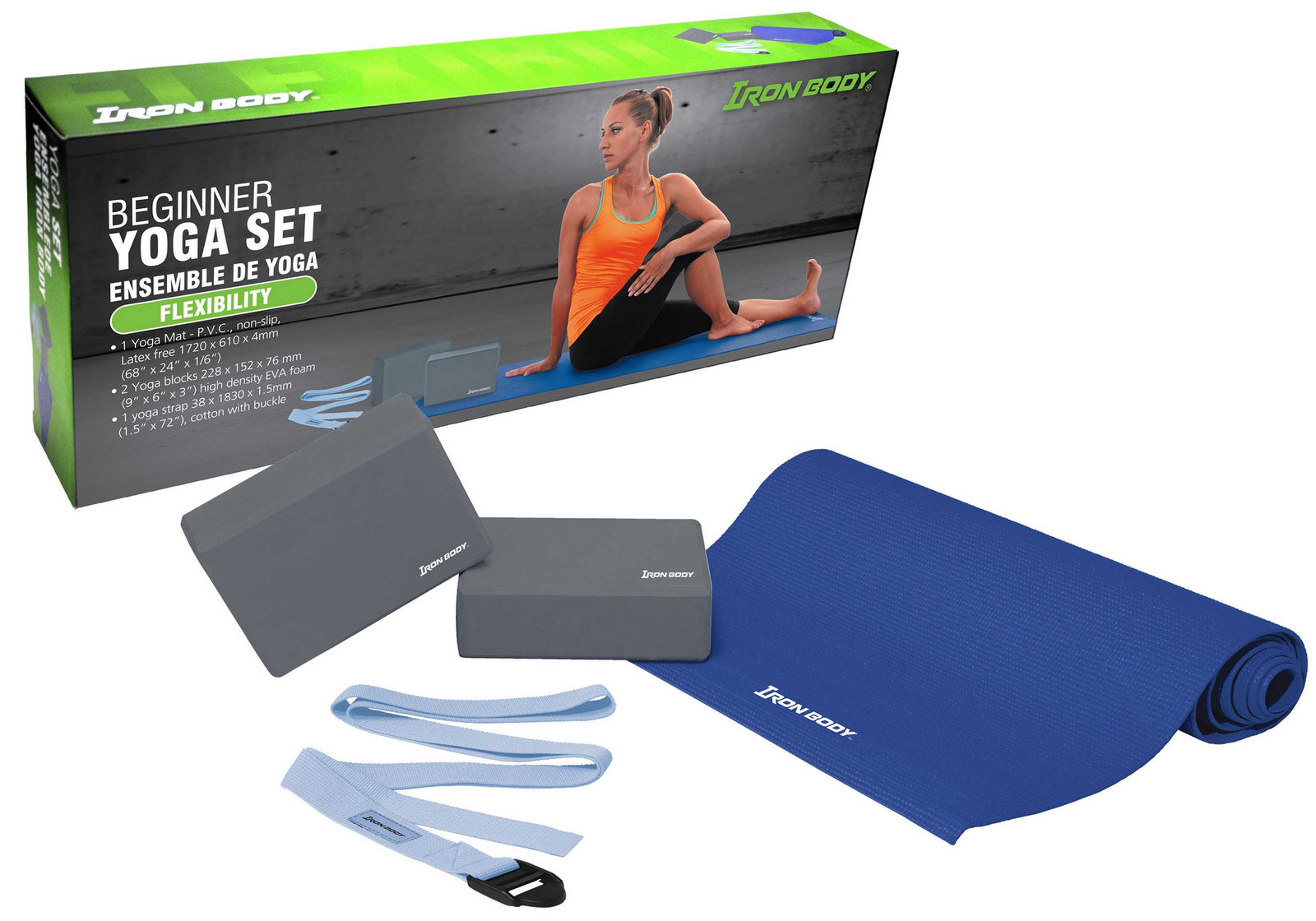 Iron Body Fitness Beginner Yoga Set with Mat, Strap & 2 Blocks