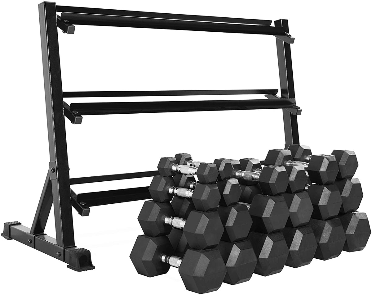 CAP Barbell 5-50 LB Rubber Hex Dumbbell Set with 3 Tier Rack