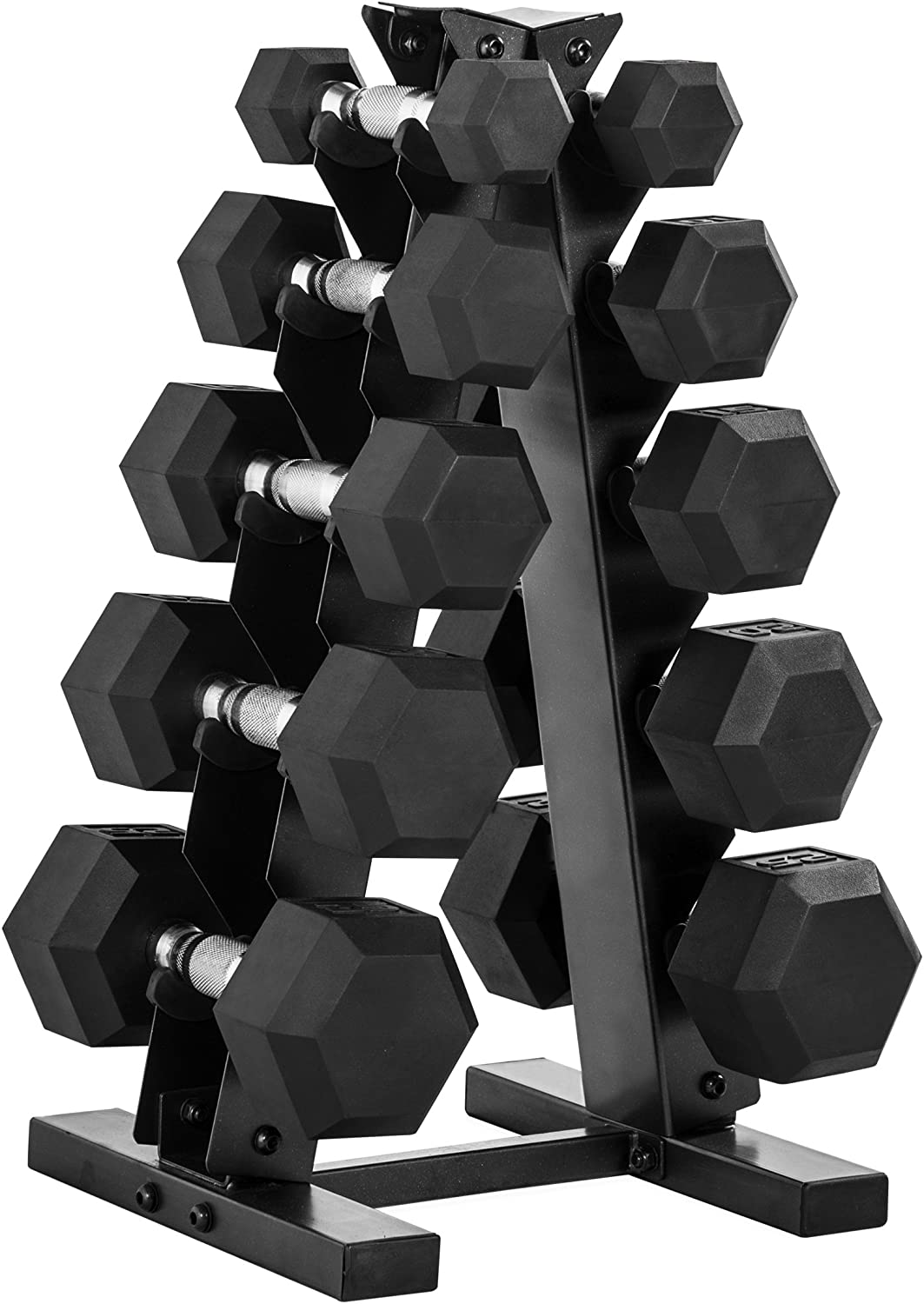 CAP Barbell 5-25 LB Rubber Hex 150 LB Dumbbell Set + 5-Tier Dumbbell Rack
