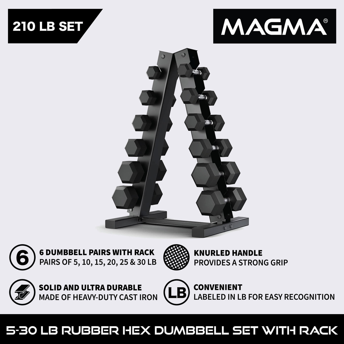 MAGMA 5-30 LB Rubber Hex Dumbbell Set + 6-Tier Dumbbell Rack