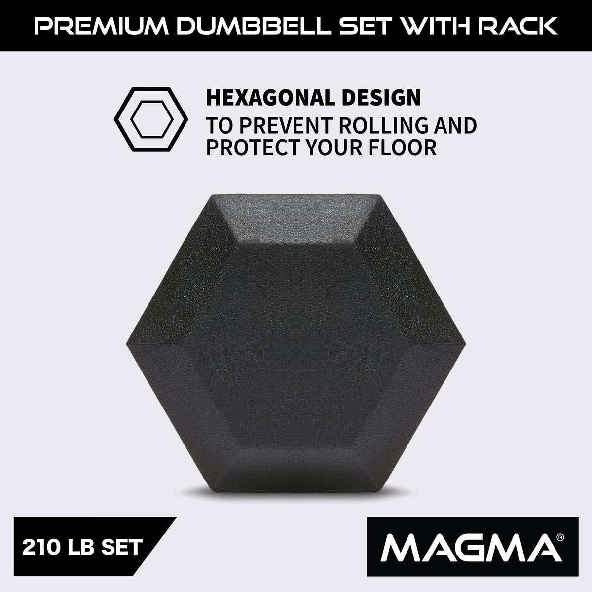 MAGMA 5-30 LB Rubber Hex Dumbbell Set + 6-Tier Dumbbell Rack