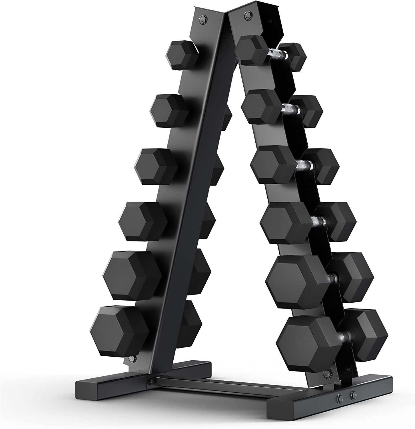 MAGMA 5-30 LB Rubber Hex Dumbbell Set + 6-Tier Dumbbell Rack