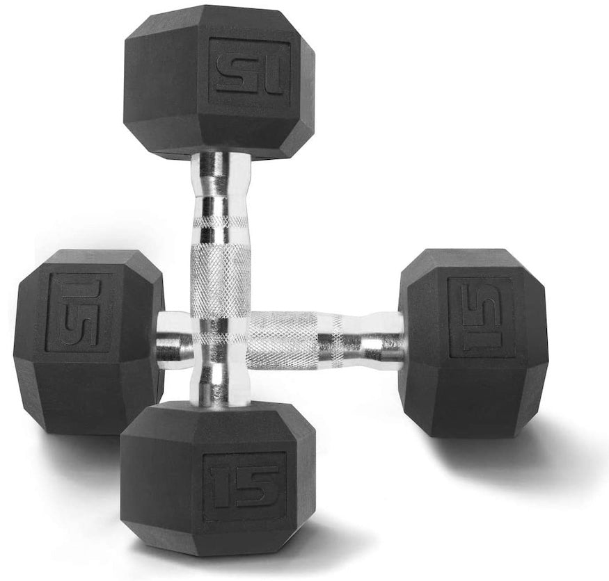 Rubber Coated Hex Dumbbell, Pair 15 lbs